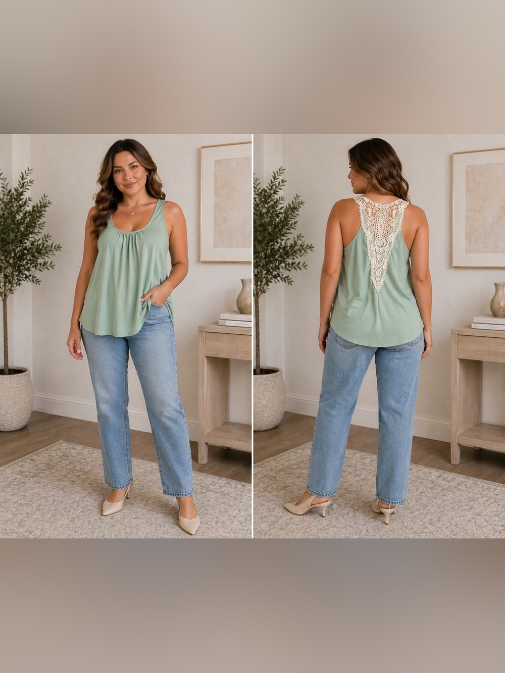 Spool No.72 CALS Green Lace Back tank top Blouse Shirt - women’s Large